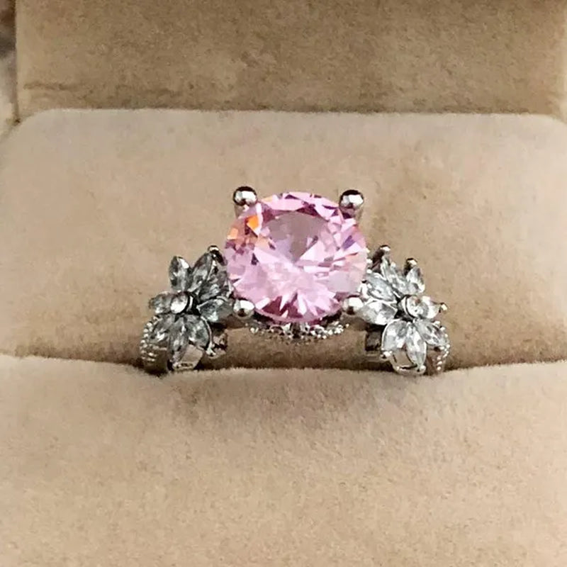 Women 925 Silver Plated Pink CZ Sapphire Wedding Birthstone Bride Flower Jewelry Ring Size 6-10