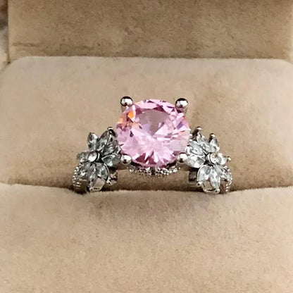 Women 925 Silver Plated Pink CZ Sapphire Wedding Birthstone Bride Flower Jewelry Ring Size 6-10