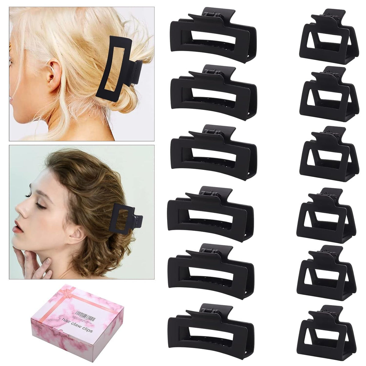 12 Pack Black Square Claw Clips, Big and Small Neutral Rectangle Hair Claw Clips, Non-Slip Matte Large Hair Clips for Women,Strong Hold Jaw Clip for Thick Thin Hair