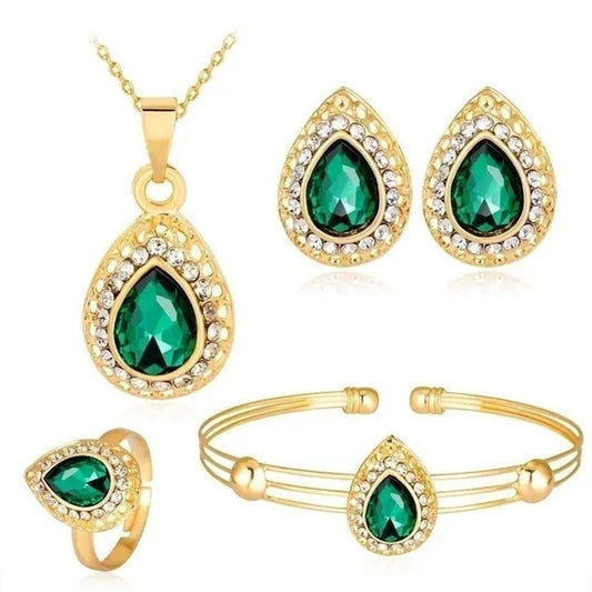 4 Pcs / Set of Luxury Sapphire Princess Crown Necklace Set European and American Bride Engagement Ring Earrings Pendant Beautiful 18K Rose Gold Diamond Wedding Jewelry Set