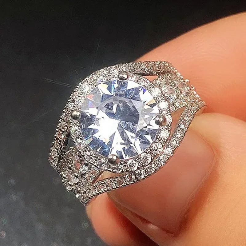 Exquisite Silver Plated Side Micro Inlay Moissanite Diamond Ring for Women Romantic Wedding Bridal Promise Eternity Jewelry