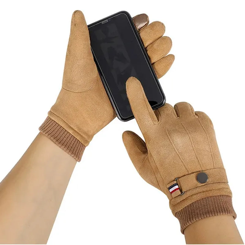 Men's Winter Gloves Suede Warm Split Finger Gloves Outdoor Sport Driving Buckle Design Male Touch Screen Mittens