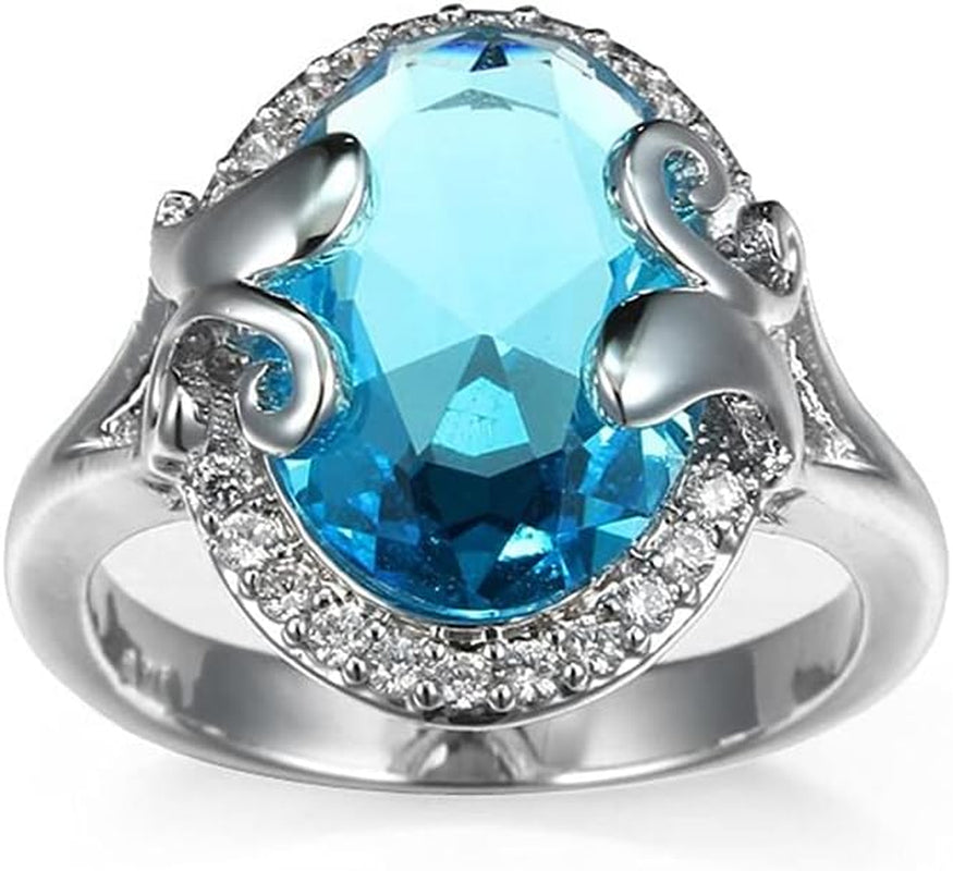 Fashion 925 Sterling Silver Dove Egg Sapphire Women'S Ring Vintage Oval Emerald Zircons Princess Ring Propose Engagement Wedding Band Cocktail Party Ring Lady Jewery Wedding Gifts HM041 (Blue, 7)