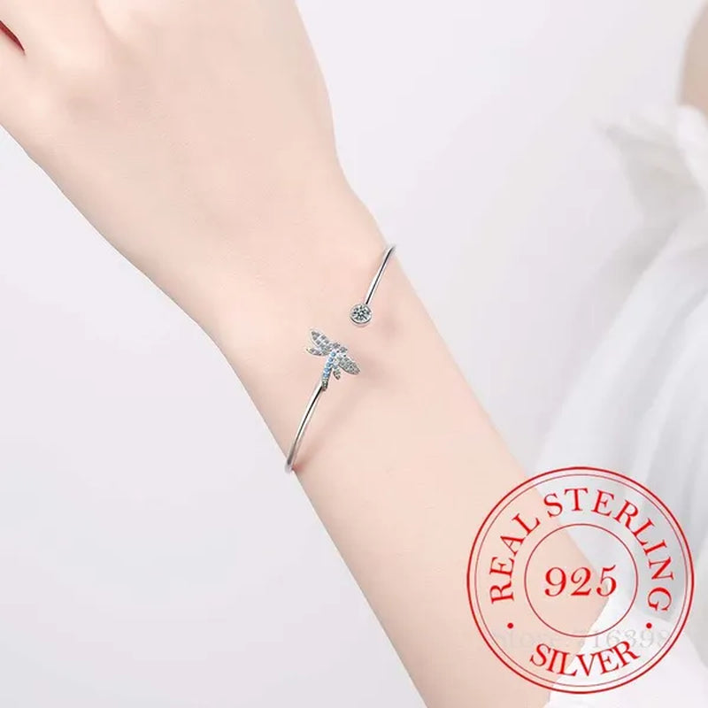 925 Sterling Silver Crystal Butterfly/Dragonfly/Heart Charm Bangles For Women Bracelet &Bangle Wedding Birthday Party Jewelry