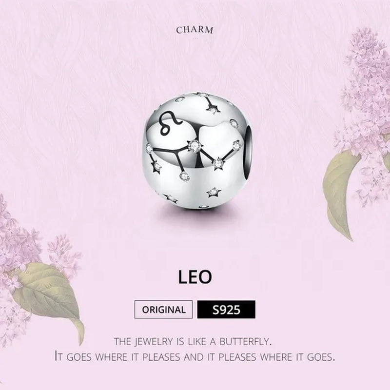 European Hot 12 Constellation Zodiac Round 925 Sterling Silver Beads Charm for Women Bracelet  Shining CZ Charm Fit Original Bangle Necklace DIY Jewelry Making