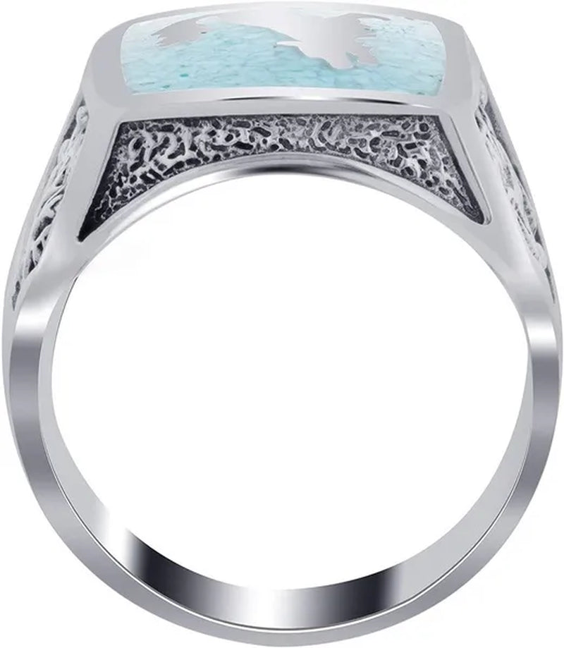 Mens Southwestern Style Turquoise Gemstone Inlay Howling Wolf Sterling Silver Ring
