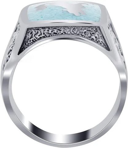 Mens Southwestern Style Turquoise Gemstone Inlay Howling Wolf Sterling Silver Ring