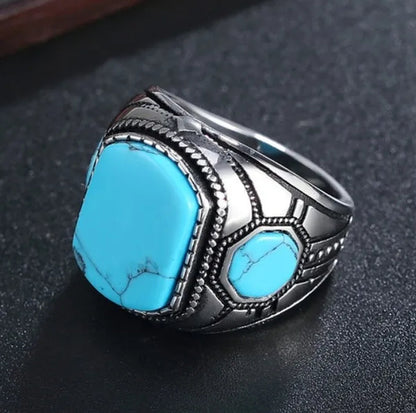 Punk Rock Vintage Classic Blue Cube Turquoise Ring Titanium Steel Retro Fine Rings for Men Boy Cool Jewelry Fashion Accessories