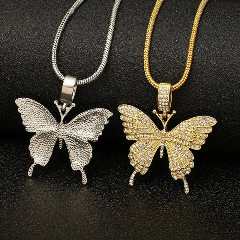 Colorful butterfly pendant necklace set with diamond alloy, snake chain, hip hop necklace for men and women