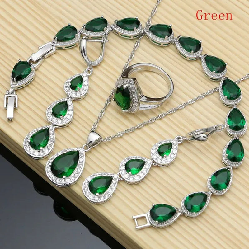 Water Drop 925 Sterling Silver Jewelry Red Ruby White Topaz Jewelry Sets Women Earrings/Pendant/Necklace/Rings/Bracelet