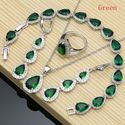 Water Drop 925 Sterling Silver Jewelry Red Ruby White Topaz Jewelry Sets Women Earrings/Pendant/Necklace/Rings/Bracelet