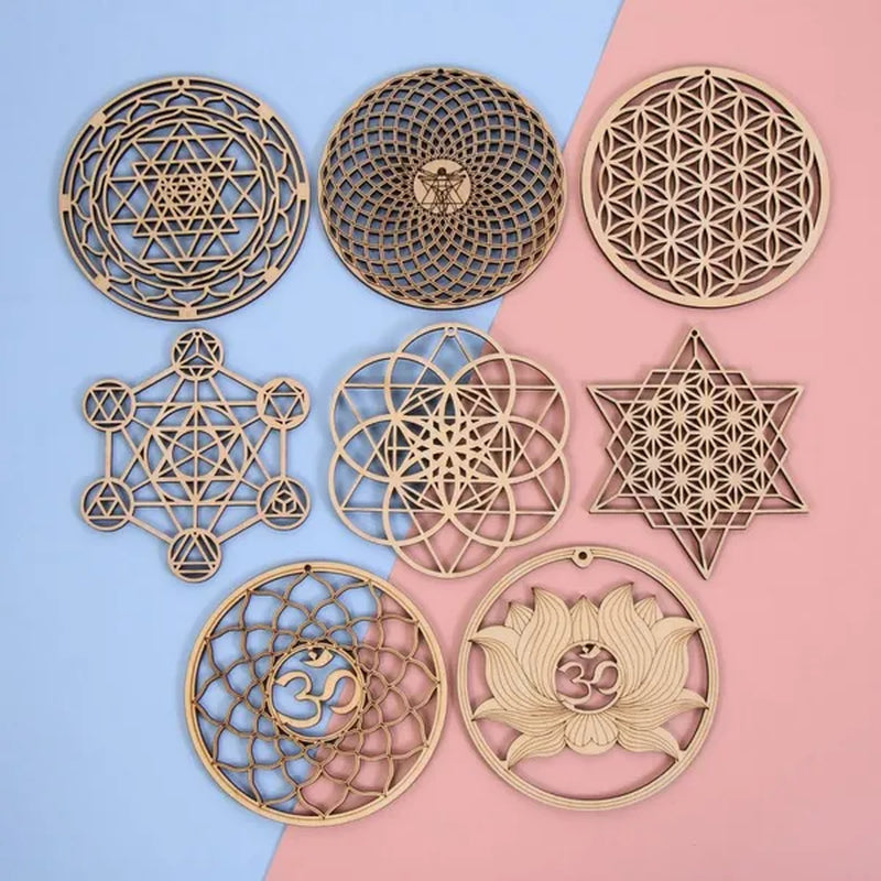 1 PC Making Sacred Geometry Ornament Laser Cut Handmade Coasters Wood Wall Art Home Decor Wooden Wall Sign Flower Of Life Energy Mat Flower of Life Shape Slice Wood Base