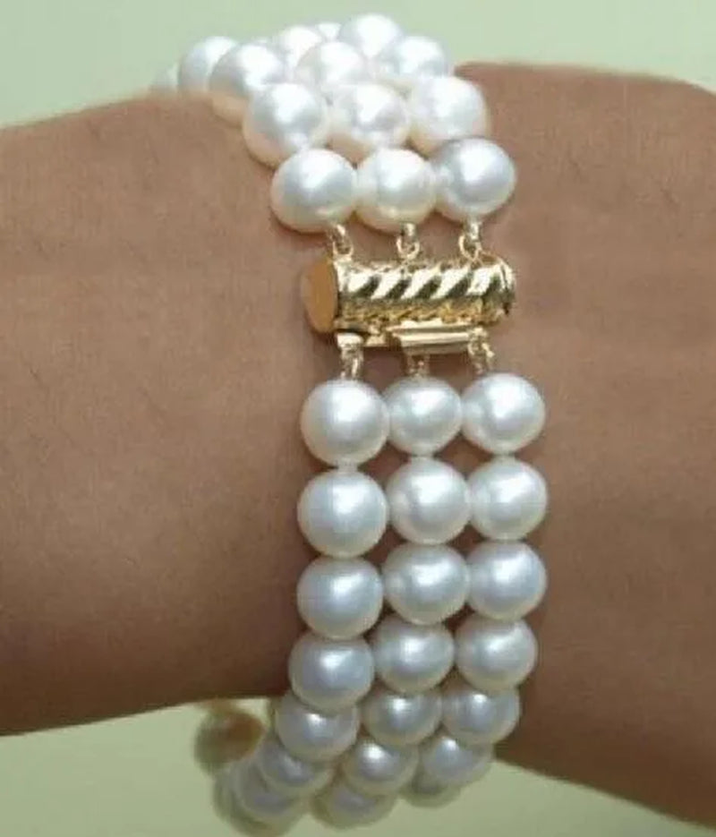 BEAUTIFUL 3 ROW 8-9MM 7.5-8" SOUTH SEA WHITE NATURAL PEARL BRACELET