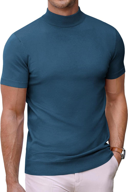 Mens Mock Turtleneck Sweater Short Sleeve Solid Color T-Shirts Basic Slim Fit Knitted Pullover Tees