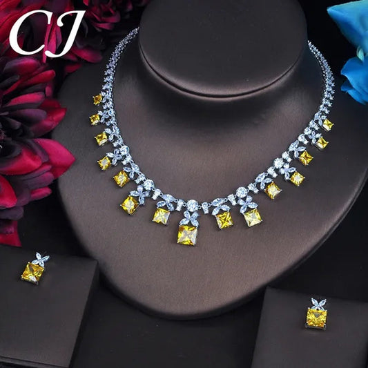 CANDICE Brilliant Princess Cut Yellow Women Jewelry Sets With Clear CZ Elegant White Gold Plated Drop Earrings Necklace Set for Bridal Wedding Dress Accessories