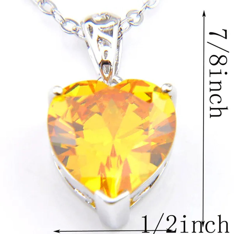 Excellent Shine Heart Fire Royal Citrine Yellow Cubic Zirconia Gems Silver Pendant Necklace