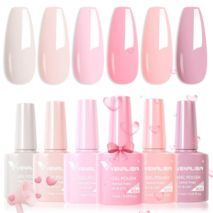 VENALISA Hema-Free Pink Gel Nail Polish Set- 6 Colors Popular Nude Pink Gel Polish Kit, Soak off LED Nail Lamp Light Pink Gel Manicure Kit DIY at Home Salon Gifts for Women Girls