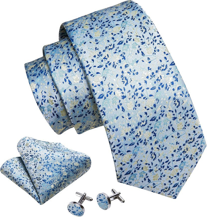 Flower Ties for Men Handkerchief Cufflinks Set Wedding Necktie Set Party