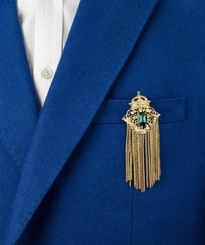 Brooch Pin Crowned Green Stone with Abstract Work and Hanging Chain Lapel Pin Accessories for Men Women