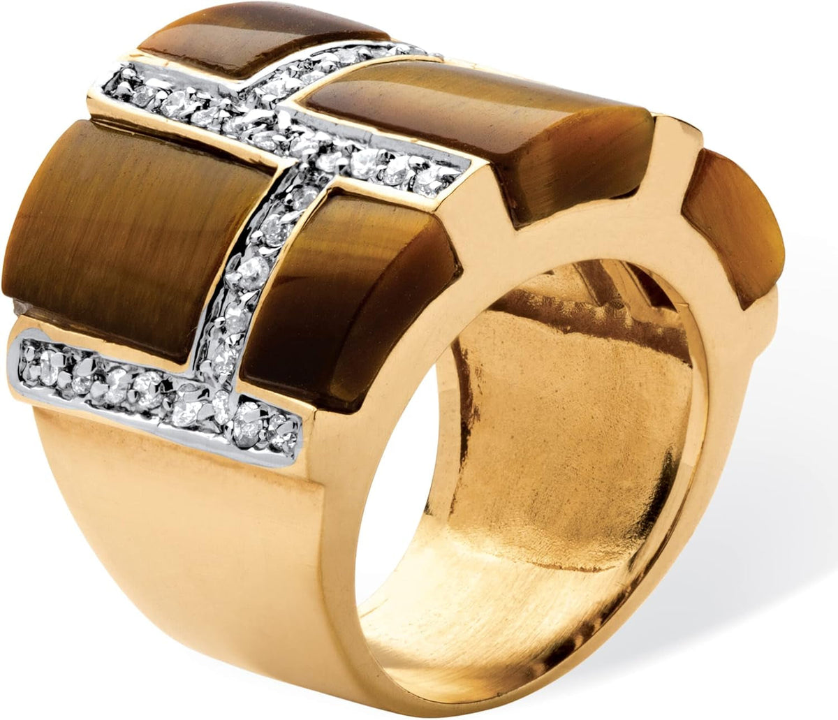 Palmbeach Yellow Gold-Plated Emerald Cut Genuine Brown Tiger'S Eye Ring Sizes 5-11