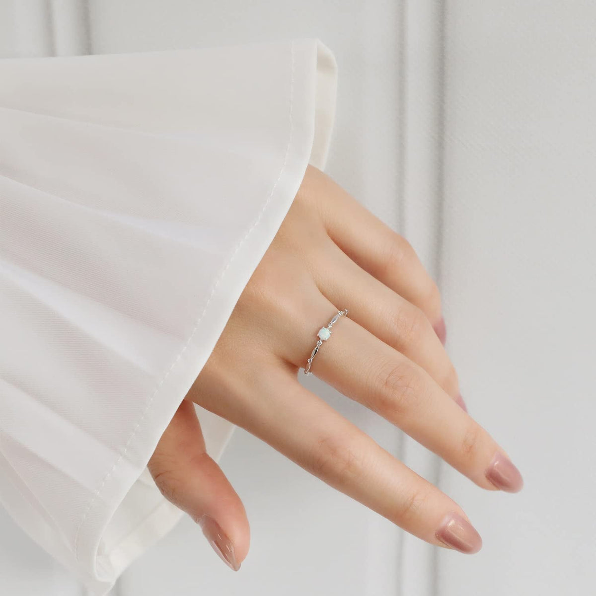 Sterling Silver Opal Ring for Women White Fire Opal October Birthstone Dainty Minimalist Stackable Ring Gold Promise Ring Size 5-9 (Rose Gold, 6.5)