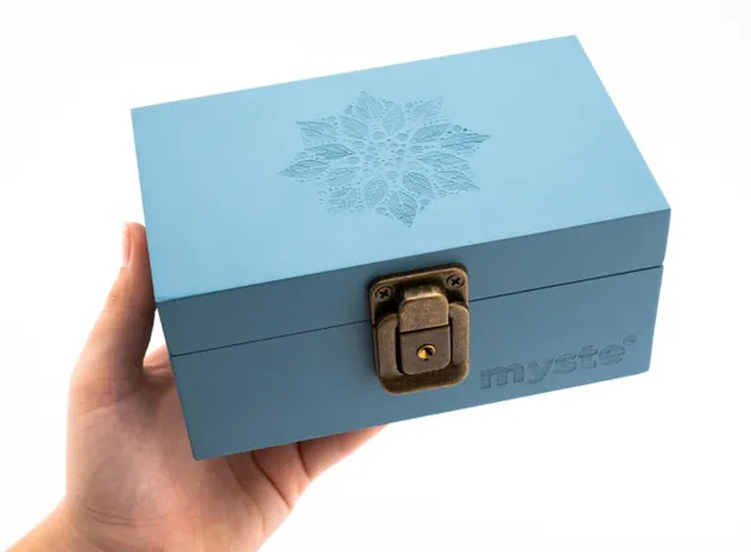MYSTE BLUE MANDALA Stash Box Smell Proof Set, Grinder Large 2.5'' (63mm), Premium Combo Stashbox Kit, Wooden With Accessories