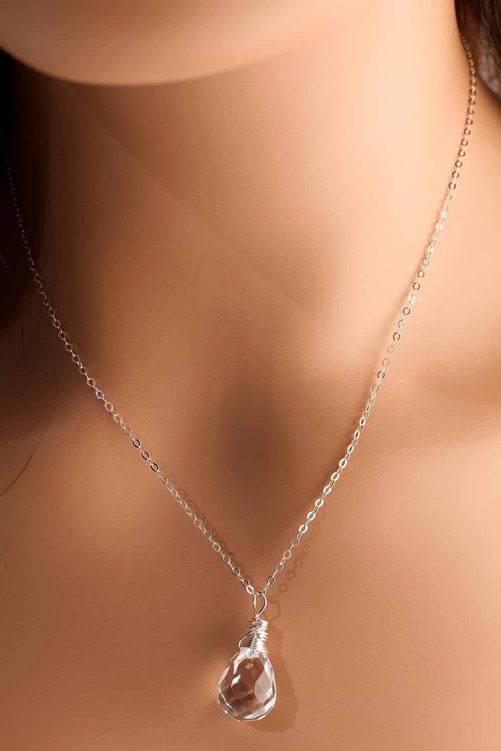 Clear Rock Crystal Quartz 12X17Mm Faceted Briolette Drop Wire Wrapped Gemstone Pendant Necklace in 925 Sterling Silver Chain and Clasp (24")