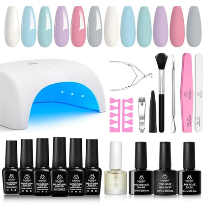 Beetles Gel Nail Polish Kit with 48W light 18 Pcs Gel Starter Kit,6 colors Nude Pink French White Glitter Gel Polish Soak Off Base Top Coat Gel Art Manicure Kit