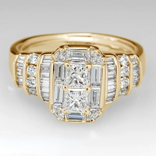 Luxury Female Jewelry Fashion Gold Color Ring White Crystal Zircon Engagement Rings for Women Bride Wedding Band Anniversary Gift Size 4-12 Bague Femme
