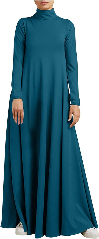 Womens Casual Maxi Dress Long Sleeve Mock Neck Robe Abaya Muslim Ramadan Dress Flowy Maxi Dress Islamic Evening Gown