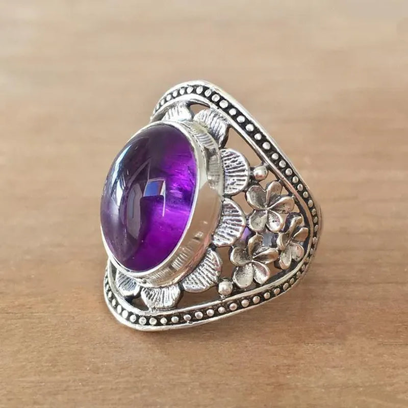 New Women's Fashion Vintage Wide Edge Carved Flower Ring Amethyst Ring Engagement Party Bridal Wedding Jewelry Christmas Valentine's Day Gift Ring