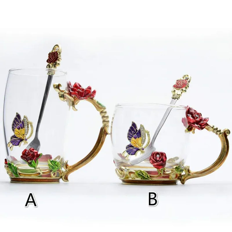 Red Blue Rose Enamel Crystal Cup Flower Tea Cup Butterfly Glass Water Cups Flower Mug with Spoon Set Perfect Gift for Lover Wedding