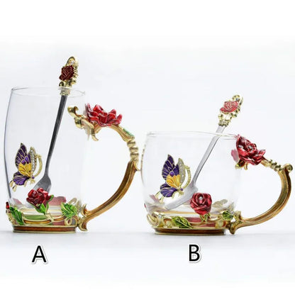 Red Blue Rose Enamel Crystal Cup Flower Tea Cup Butterfly Glass Water Cups Flower Mug with Spoon Set Perfect Gift for Lover Wedding