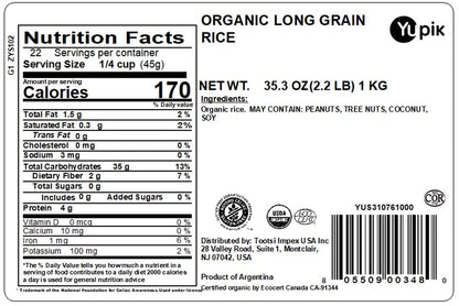 Organic Brown Rice, Long Grains, 2.2 Lb (35.2 Oz), Non-Gmo, Vegan, Gluten-Free, Kosher, Salt-Free, Source of Fiber & Iron, Easy Preparation, Ideal for Recipes, Side Dishes, Salads & More
