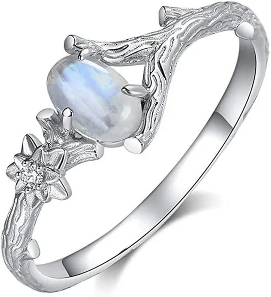 New Antique Silver Natural Moonstone Ring Branch Ring Anniversary Birthday Christmas Gift Jewelry Ladies Girls