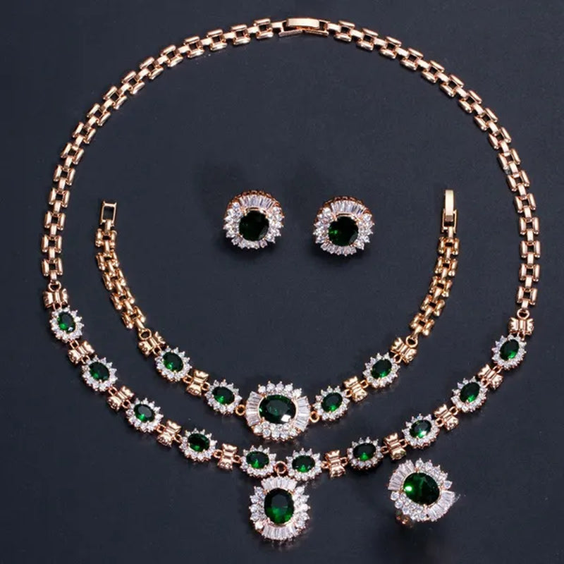 CANDICE Dubai Wedding 4 Pieces Set Elegant Red Zirconia Paved Yellow Gold Plated Engagement Party Ring Earrings Bracelet Necklace Sets For Women