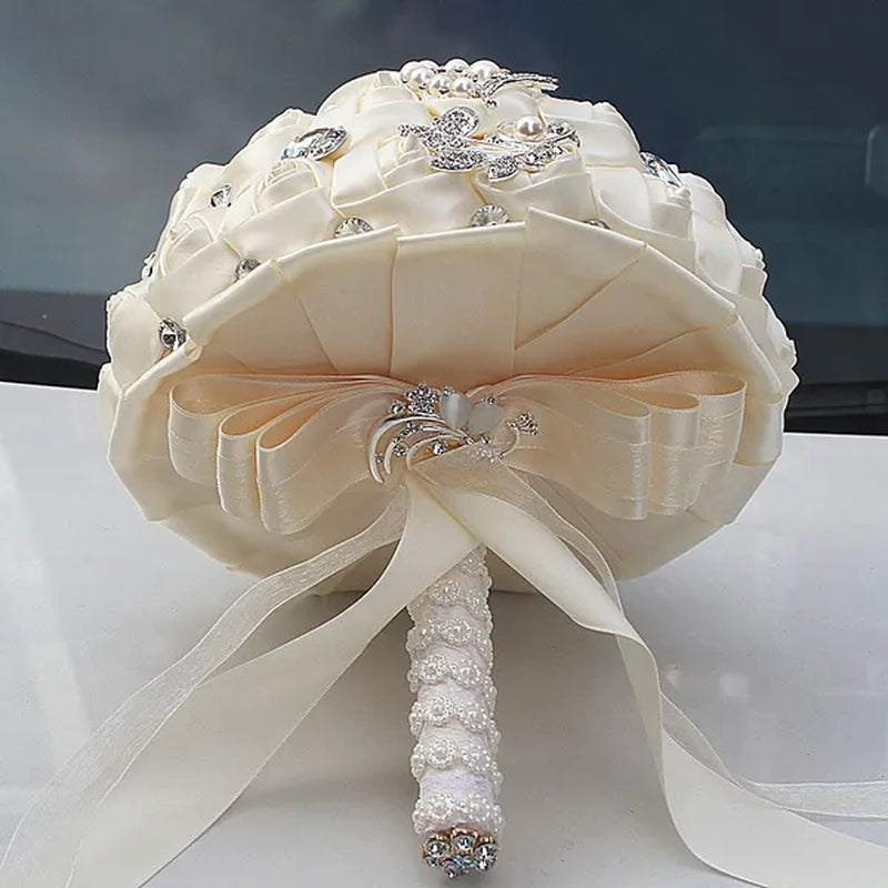 24CM Customized Silk Rose Wedding Bouquet Sapphire blue Artificial Flowers Wedding Bridal Bouquet Luxury Crystal Pearl Brooch Bridesmaid Bride Holding Flowers
