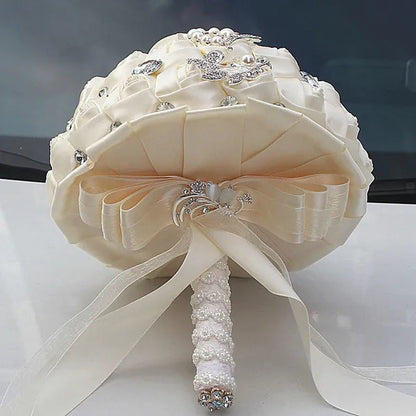 24CM Customized Silk Rose Wedding Bouquet Sapphire blue Artificial Flowers Wedding Bridal Bouquet Luxury Crystal Pearl Brooch Bridesmaid Bride Holding Flowers
