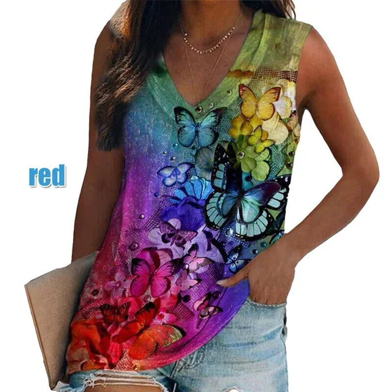 Ethnic Style Multi-pattern Print Sleeveless T-shirt Women's Vest V-neck Casual Loose Shirts Blouse Tank Top Camisoles