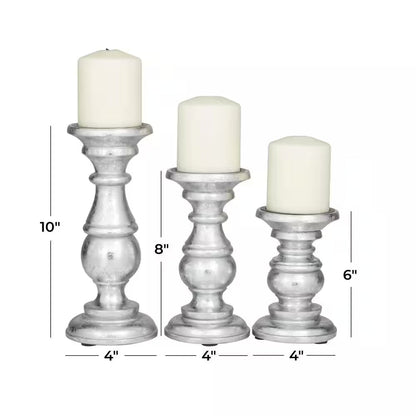 Silver Mango Wood Turned Style Pillar Candle Holder (Set of 3)
