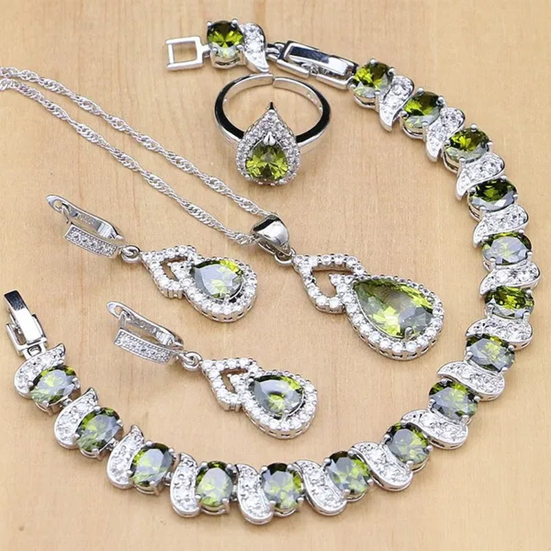 925 Silver Jewelry Sets Blue Sapphire White Topaz Open Rings Earrings Pendant Necklace Bracelet For Bridal  Women