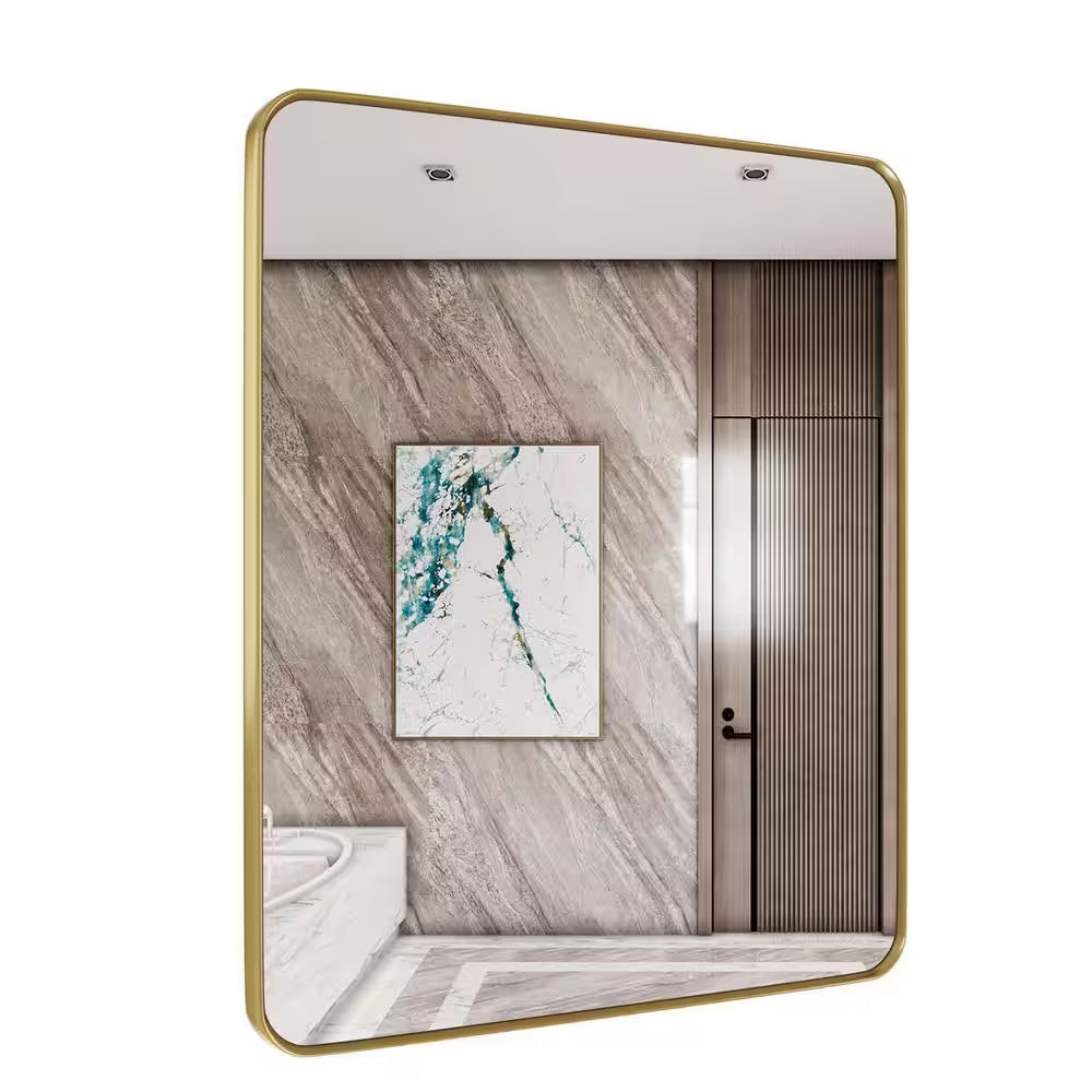 30 In. W X 36 In. H Rectangular Aluminum Framed Wall Mount Bathroom Vanity Mirror in Gold