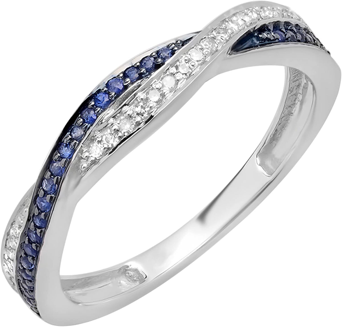 round Blue Sapphire & White Diamond Swirl Wedding Ring for Women in Solid Gold