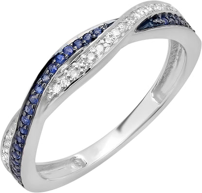 round Blue Sapphire & White Diamond Swirl Wedding Ring for Women in Solid Gold