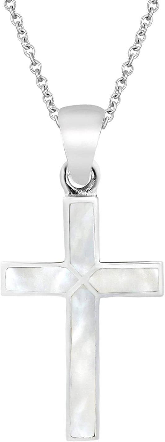 Cross of Faith Necklace – 925 Sterling Silver 18 Inch Chain | Iridescent Shell and Stone Pendant | Perfect Religious Gift