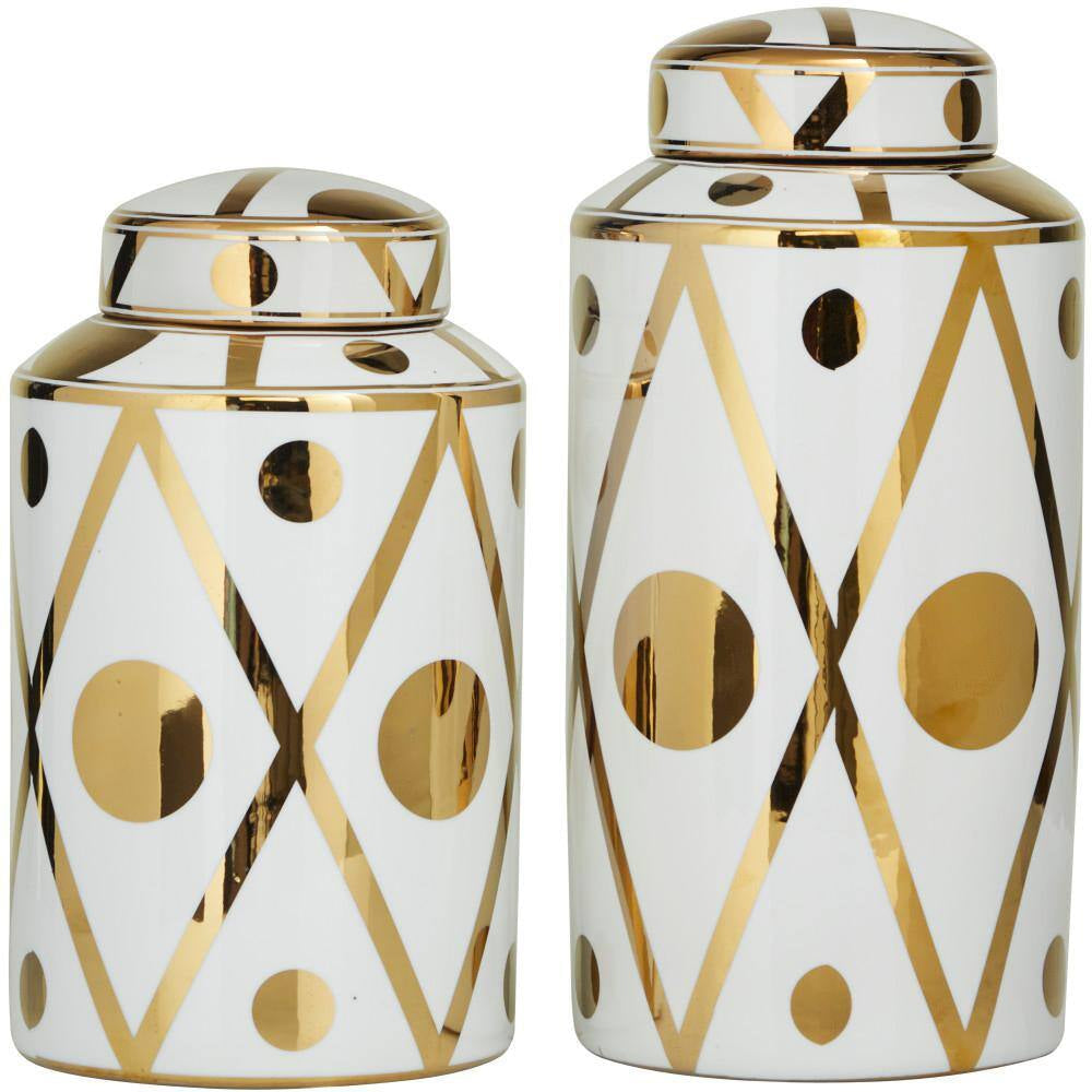 White Ceramic Geometric Decorative Jars with Gold Accents (Set of 2)