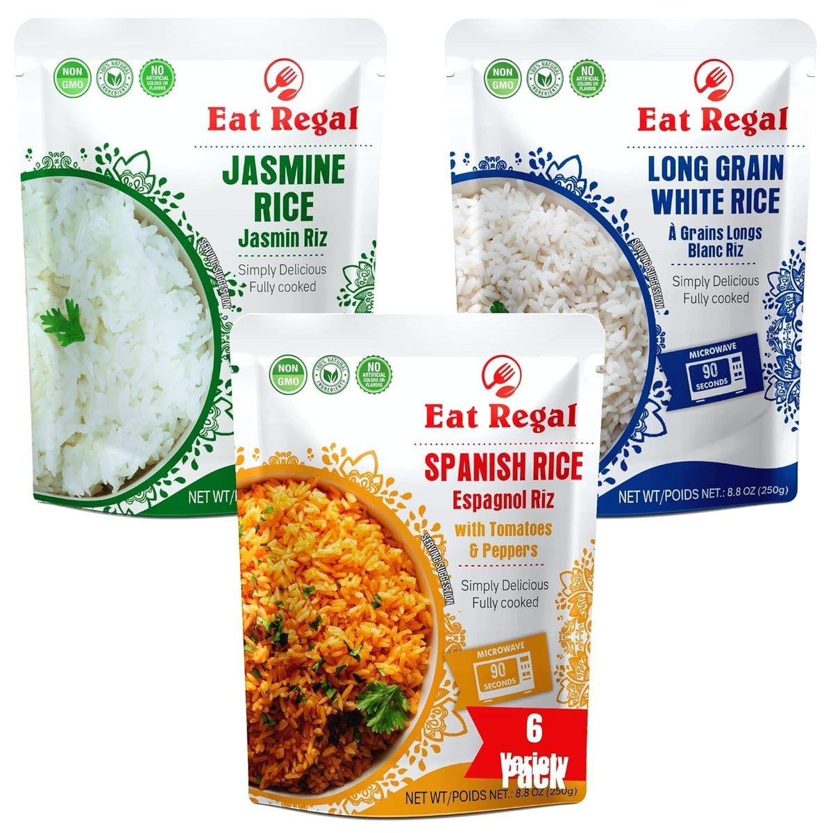 Rice 3 Flavor Heat & Eat Variety Pack of 6, 8.8Oz with Spanish, Thai Jasmine, Long Grain White Rice | Side Dish| Microwavable Food | Rice Microwavable | Heat and Eat