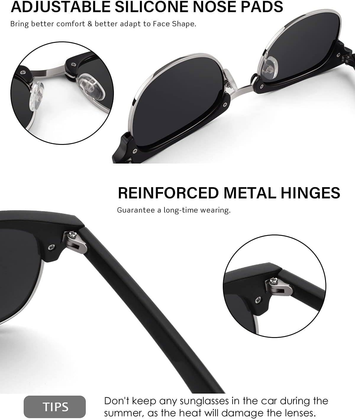 Classic Horn Rimmed Semi Rimless Polarized Sunglasses for Men Women GQO6