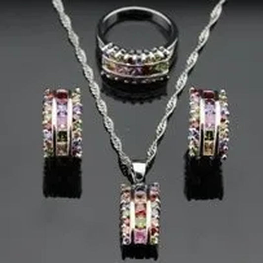Multi Color Gemstones 925 Silver Jewelry Set For Women Pendant Necklace Earrings RIng
