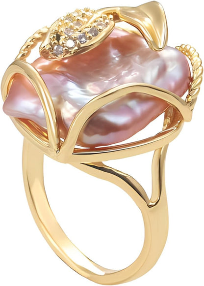 Irregular Pearl Ring, Baroque Pearl Leaf Shape Rhinestone Ring, Gold Vintage Pearl Stacking Ring, Open End Adjustable Statement Ring, Fashion Jewelry Ring Gift for Women